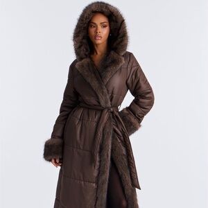 Fashion Nova Brown Puffer Coat with Faux Fur Trim